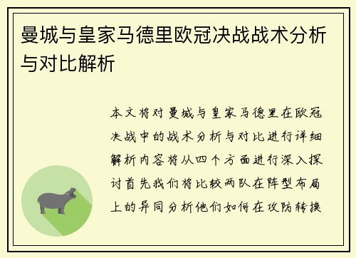 曼城与皇家马德里欧冠决战战术分析与对比解析