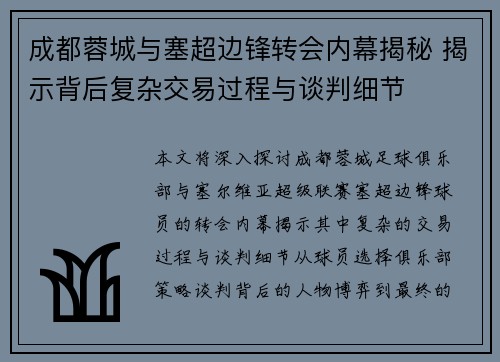成都蓉城与塞超边锋转会内幕揭秘 揭示背后复杂交易过程与谈判细节
