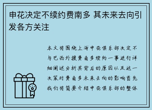 申花决定不续约费南多 其未来去向引发各方关注